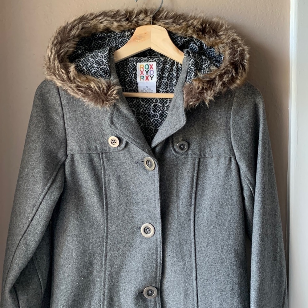 ROXY Gray Wool Faux Fur Hooded Coat